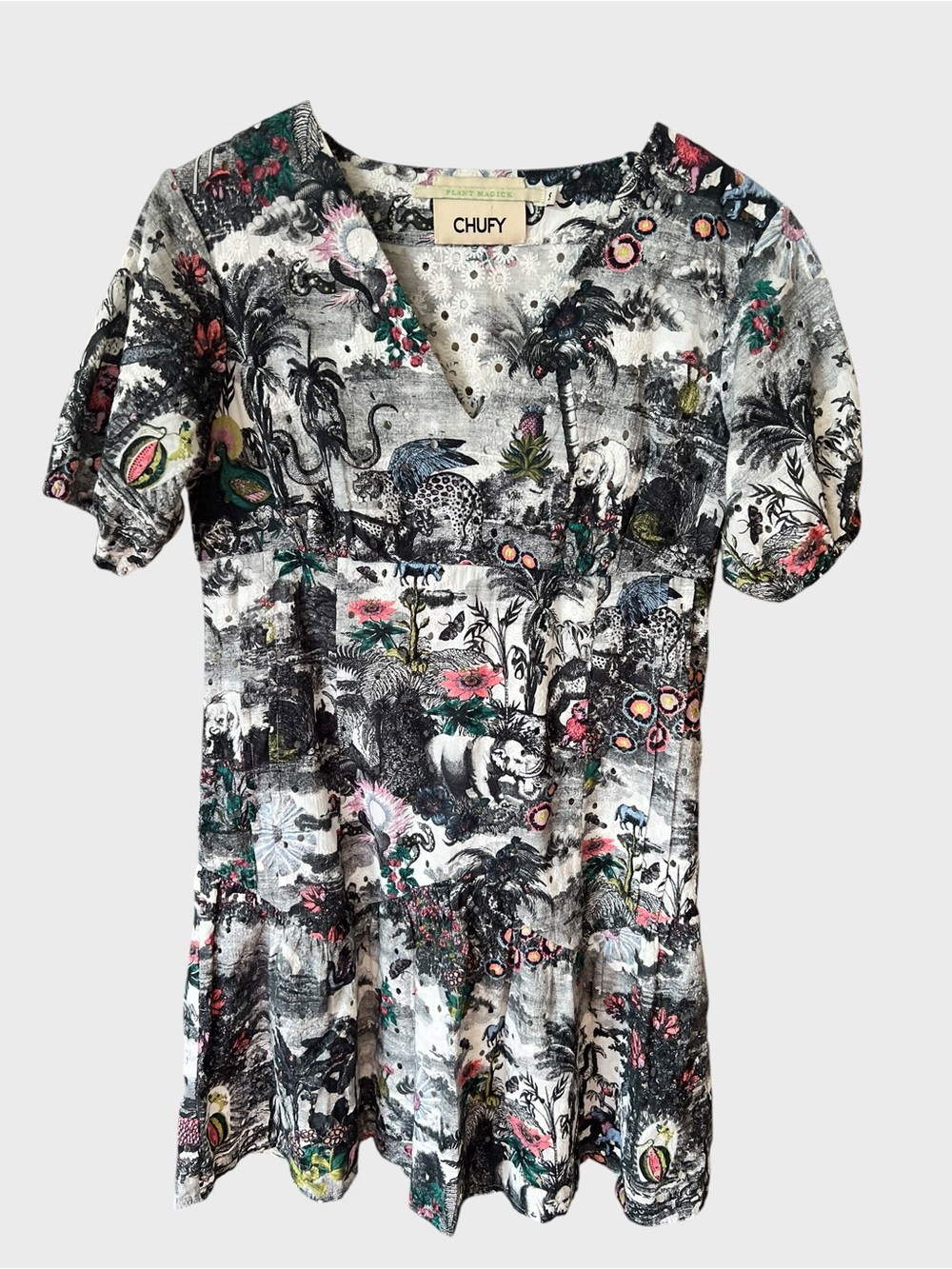 Chufy Tropical Print V-Neck Short Sleeve Dress - Multicolor